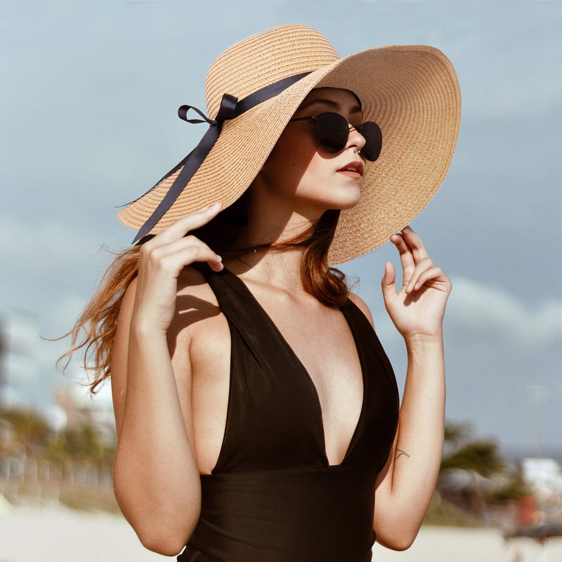 Double Couple Womens Straw Hat Wide Brim Floppy Beach Sun Hat for Women UPF 50+ Adjustable Strap Vacation - Image 5